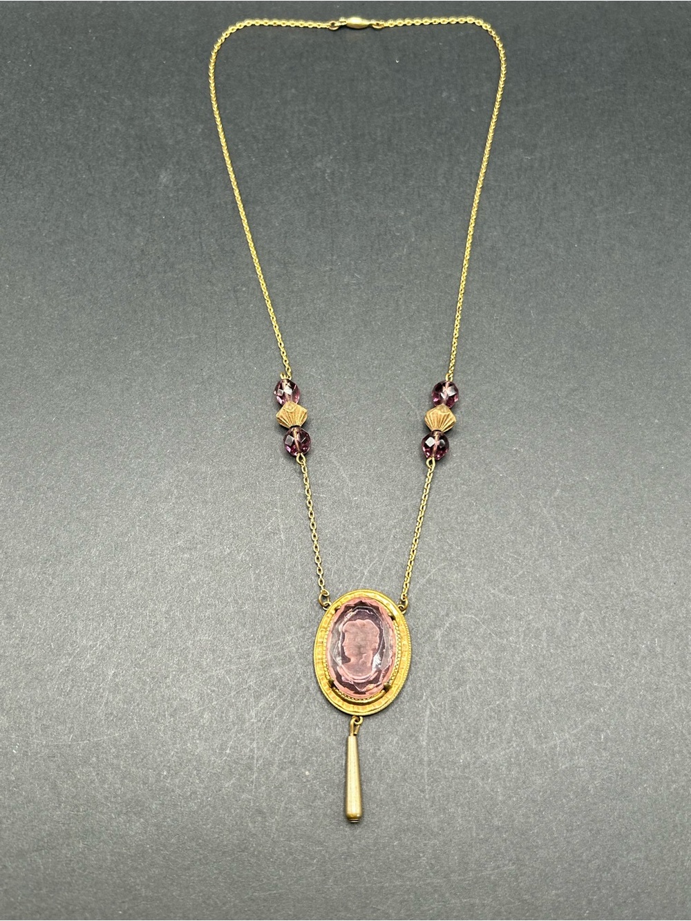 VTG Victorian Revival Brass and Purple Glass Carved Intaglio Necklace